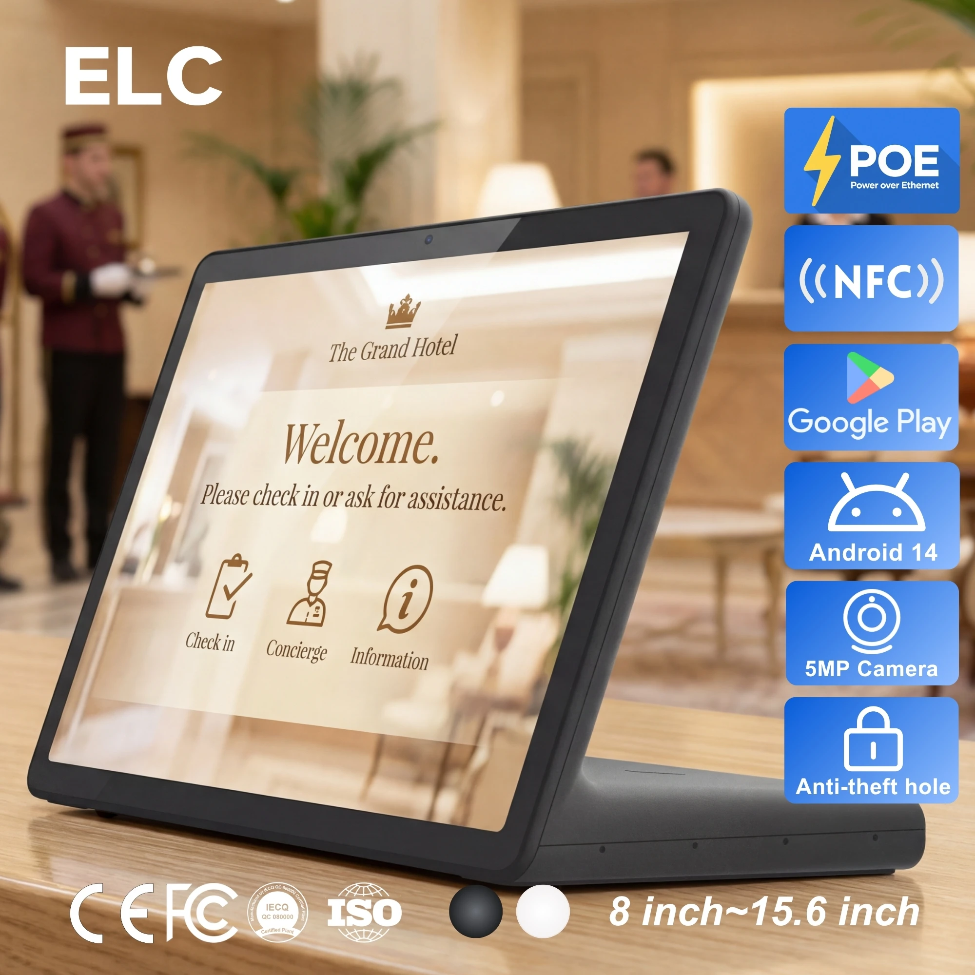 Professional Front Desk Hotel Reception L-Shape Tablet PoE Android 14 Desktop Display for Visitor Sign-in & Welcome Screen