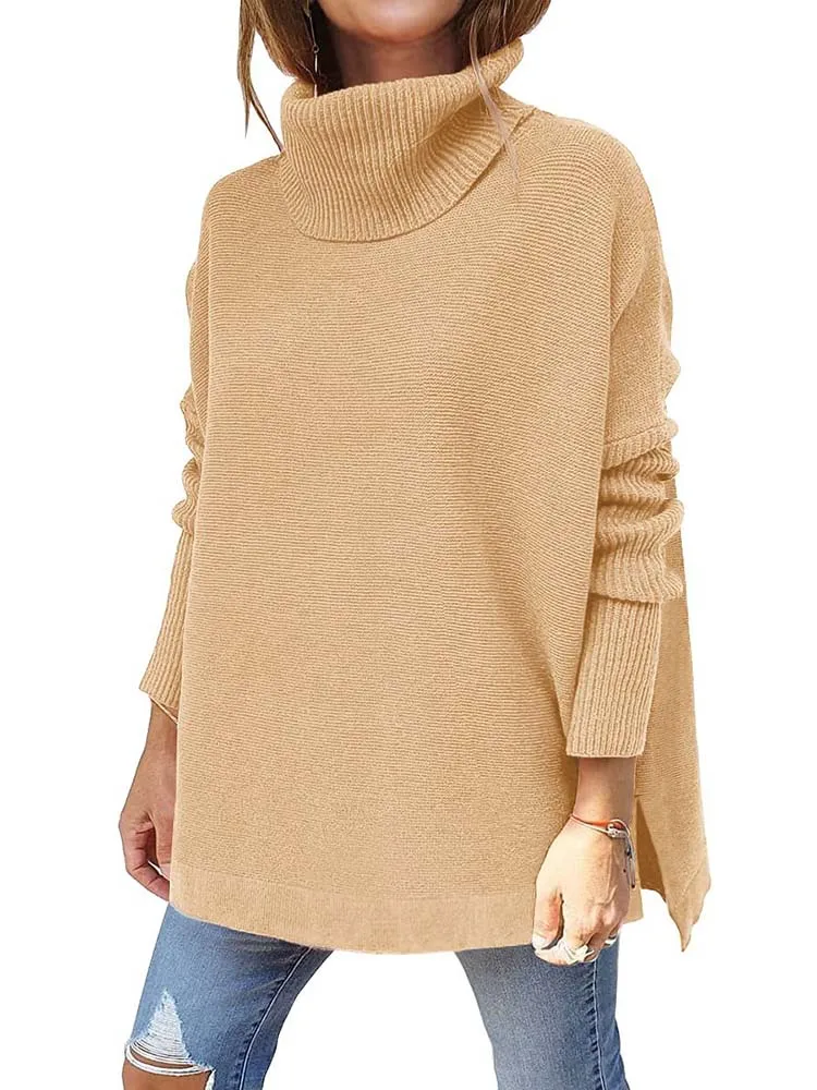 Autumn Winter Women Knitted Long Sweater Loose Oversized Turtleneck Batwing Sleeve Tunic Pullover Tops Jumpers