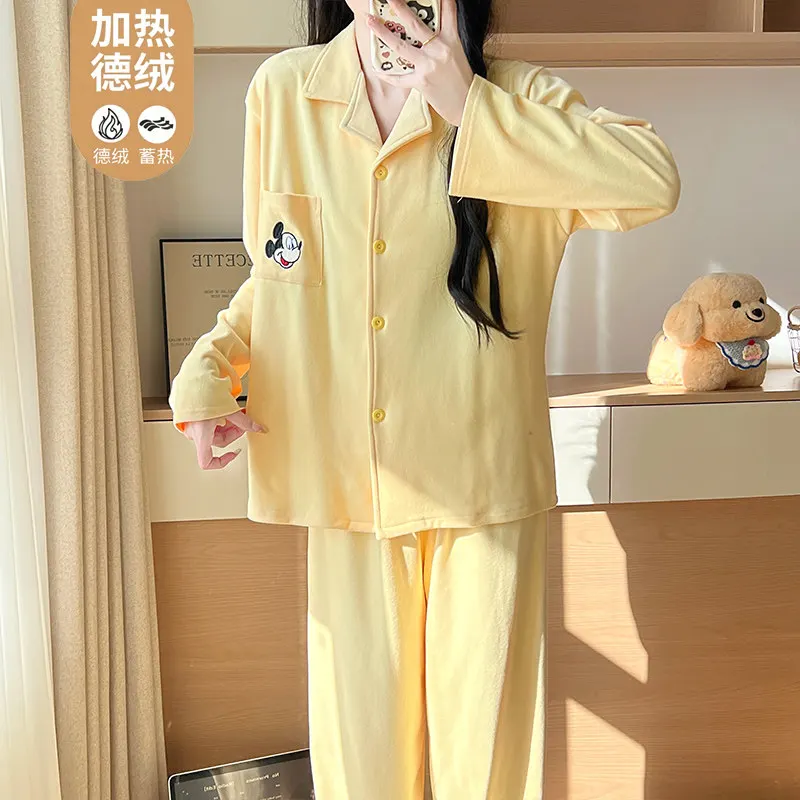 디즈니 미키 마우스 Pjs 여성 잠옷 소녀 겨울 얇은 벨벳 양털 귀여운 노란색 잠옷 만화 패션 애니메이션 홈 의류