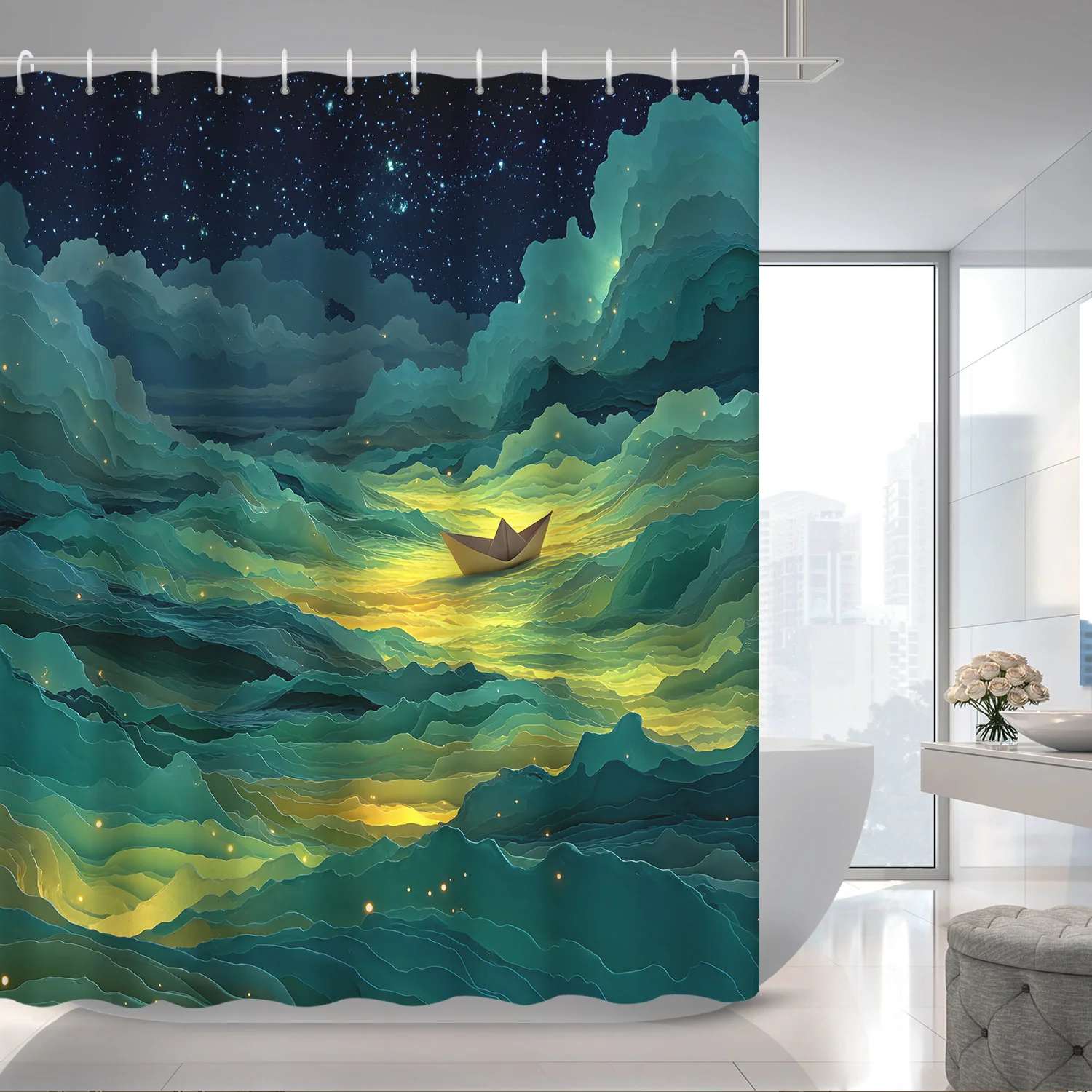 

1pc Ocean Gradient Shower Curtain - Deep Blue to Green Waves & Starry Night Sky Bathroom Decor, High Quality Polyester Bath Curt
