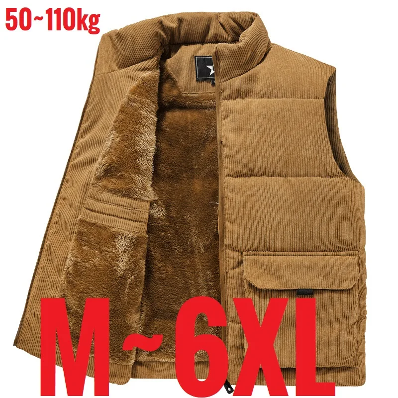 6XL الرجال سروال قصير سترة زمم صوف مبطن جاكيت بلا إكمام الذكور سميكة الخريف شتاء دافئ عادية خارج العمل البني صدرية