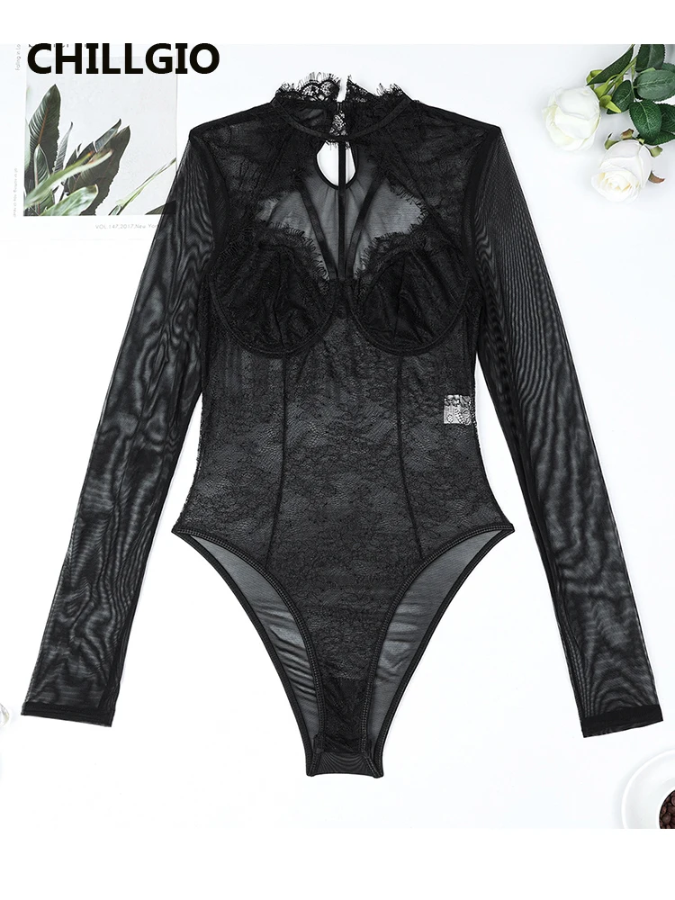 CHILLGIO Bodysuit Sexy Women Long Sleeve Lace Jumpsuit See Through One Pieces Tight Catsuit Fasion Club Clothes Rompers Lingerie