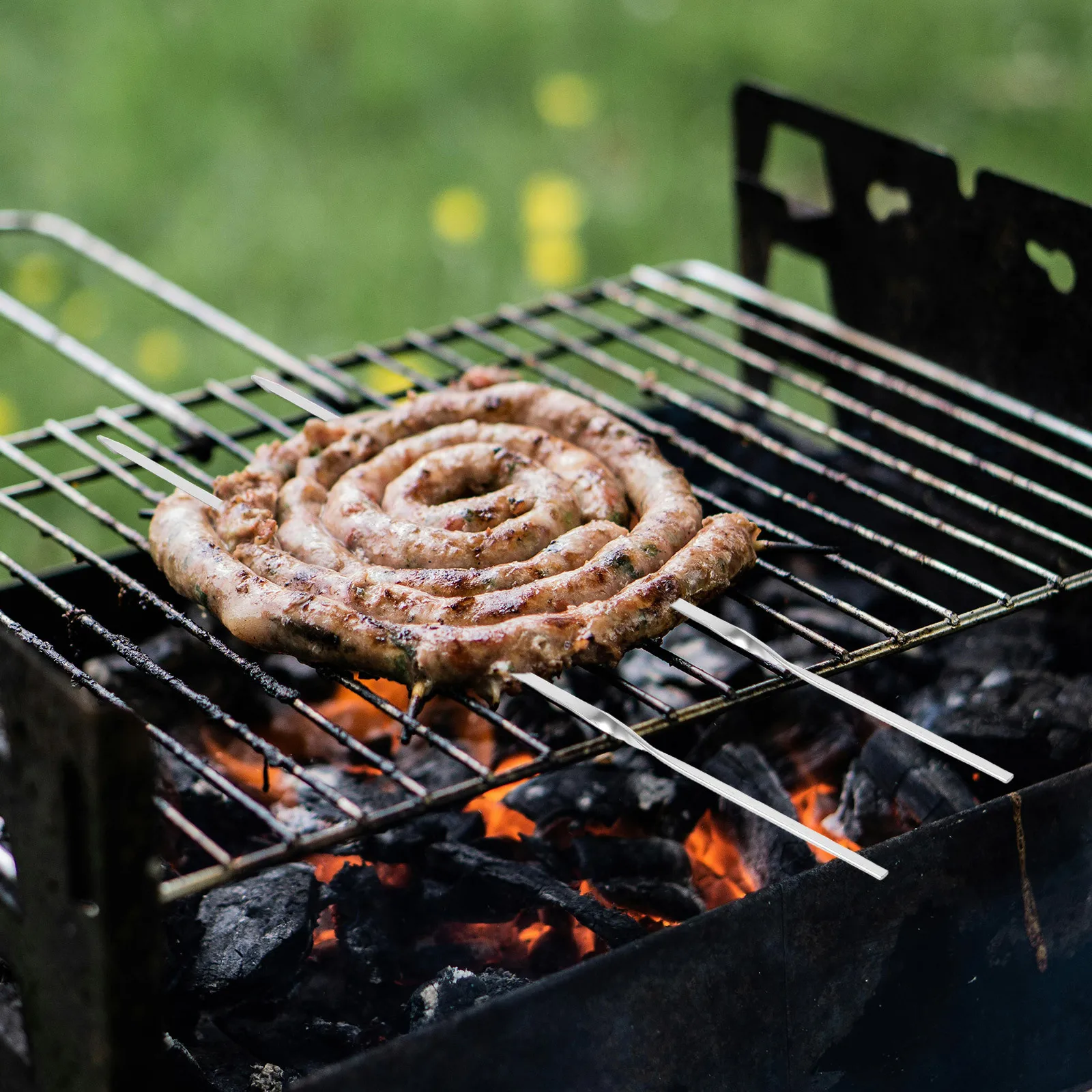 

1Set Barbecue Skewers Stainless Steel Flat Design Easy Clean Reusable Heat Block Non-Slip Bbq Skewer Grilling Accessories