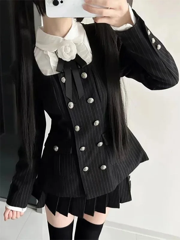 Japanese Preppy Vintage Dark Stripe JK Uniform Set for Women Fall Spring Casual Blazer Shirt Pleated Skirt Slim-Fit Schoolgirl