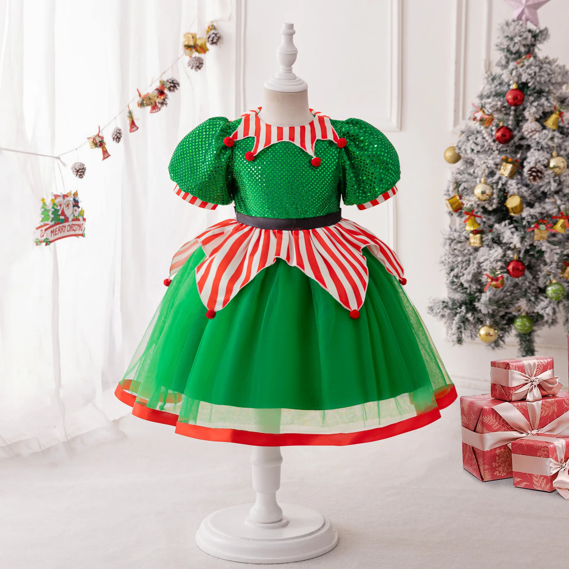 

Fluffy Elf Christmas Girls Party Dress Green Carnival Costumes Elegant Bow Wedding Birthday Princess Dresses Prom Kids Clothing