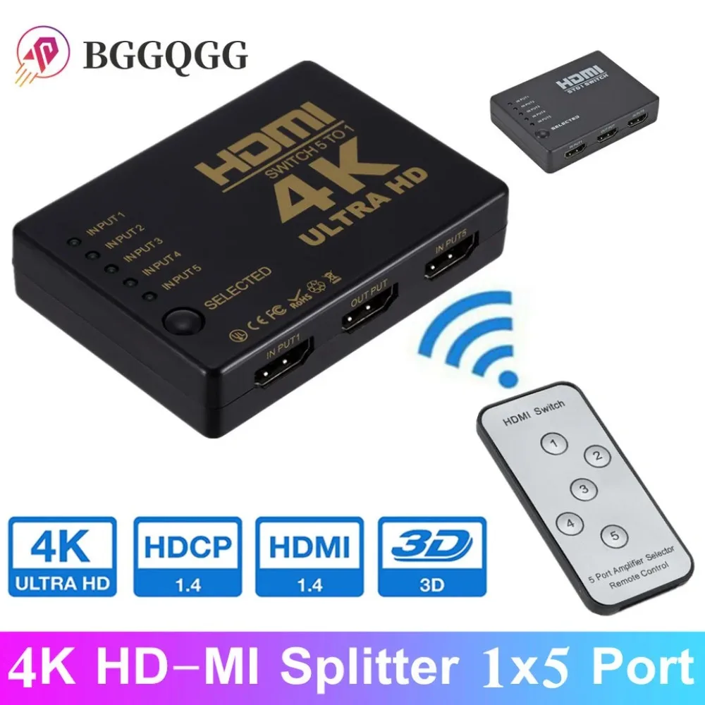 BGGQGG HD 4K HD-MI Splitter 1x5 Port 3D 4K*2K Video for Switch Switcher 1 Input 5 Output HUB with IR Remote Switcher