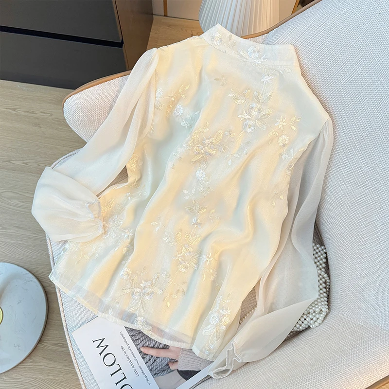 EVNISI Women Elegant Chinese Button White Blouse Floral Embroidery Long sleeved Shirt Spring Autumn Women Office Pullover Tops