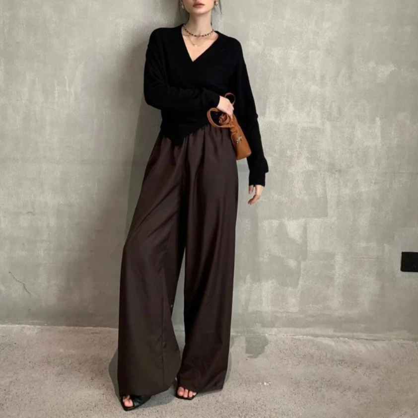 Elastic Waist Fine Wool One-piece Cut Seamless Wide-leg Casual Pants