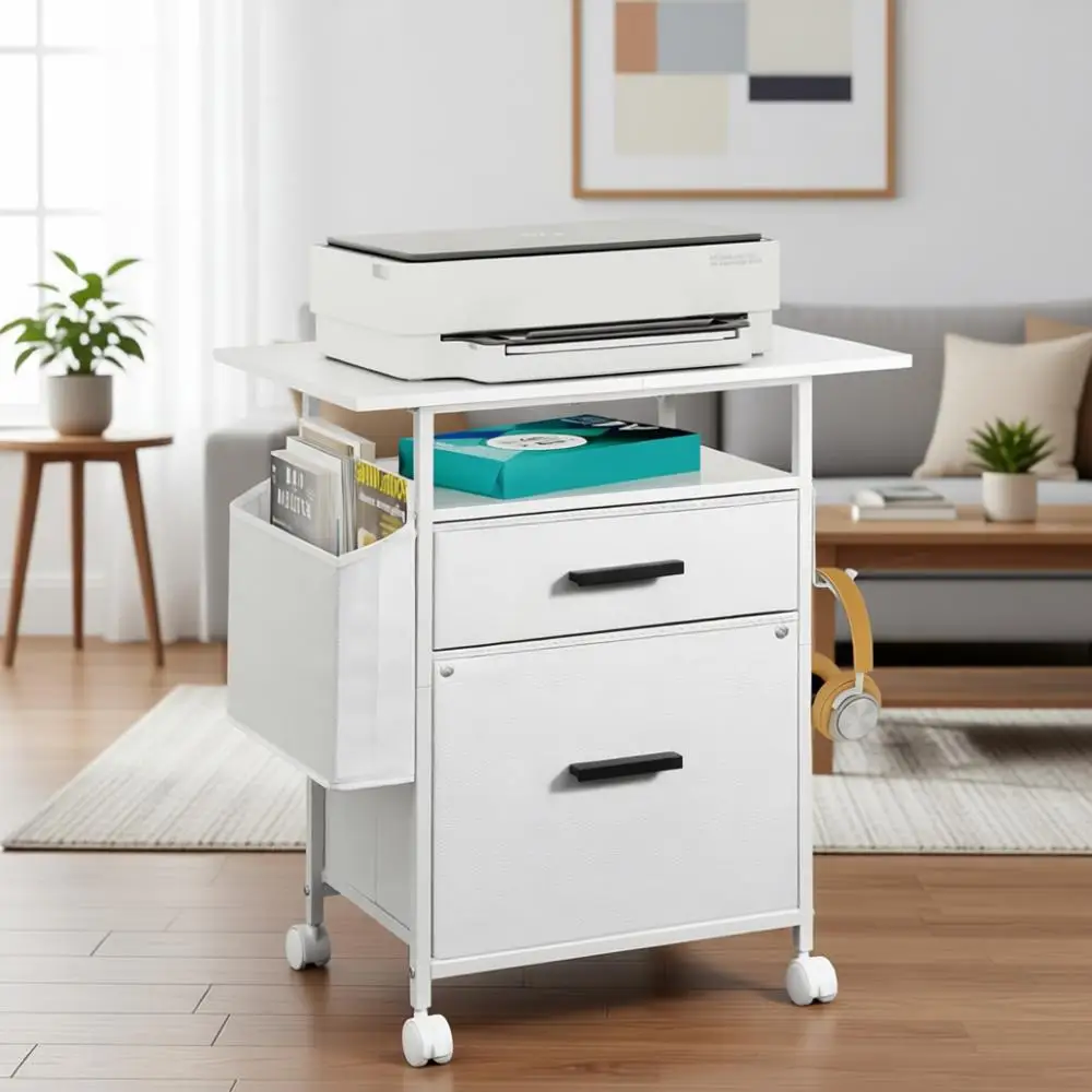 

Mobile Fabric File Cabinet with Storage Drawers, Hanging Racks and Open Shelf for Home Office, White