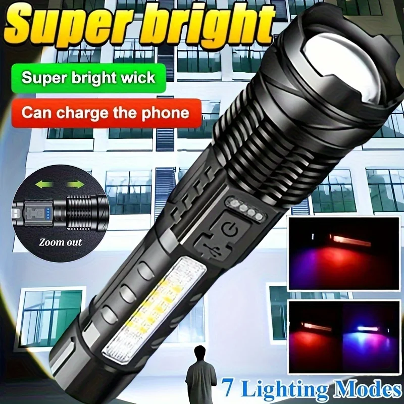 High Lumens Flashlights Rechargeable Led Tactical Flashlight with Side Light Zoomable Handheld Flash Lights for Emergency Hiking