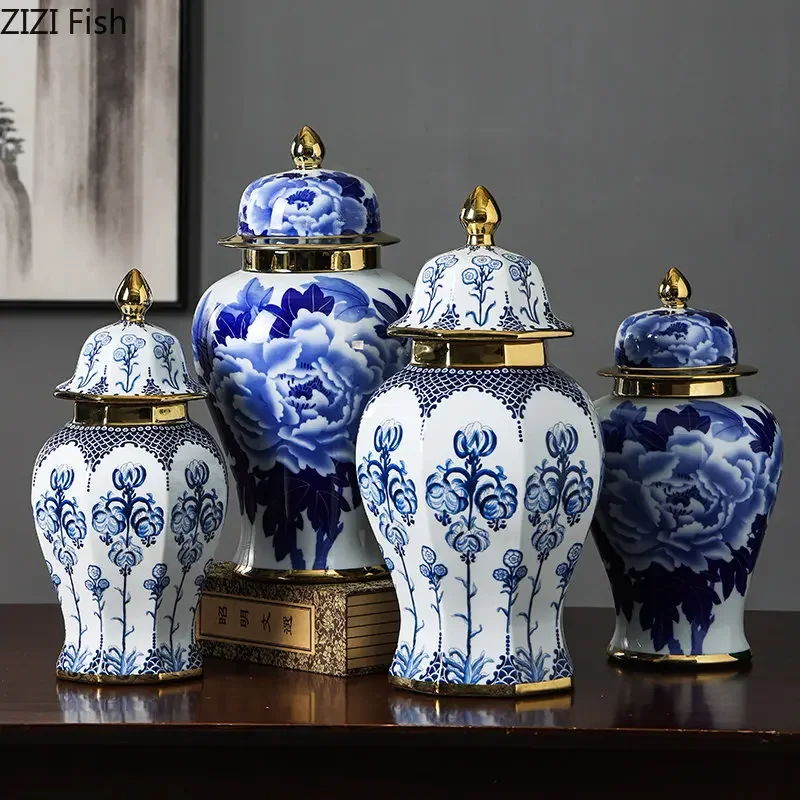 

Gold Plated Blue and White Porcelain General Tank Sealed Ginger Jar Storage Jars Candy Pots Desk Decoration Flower Arrangement