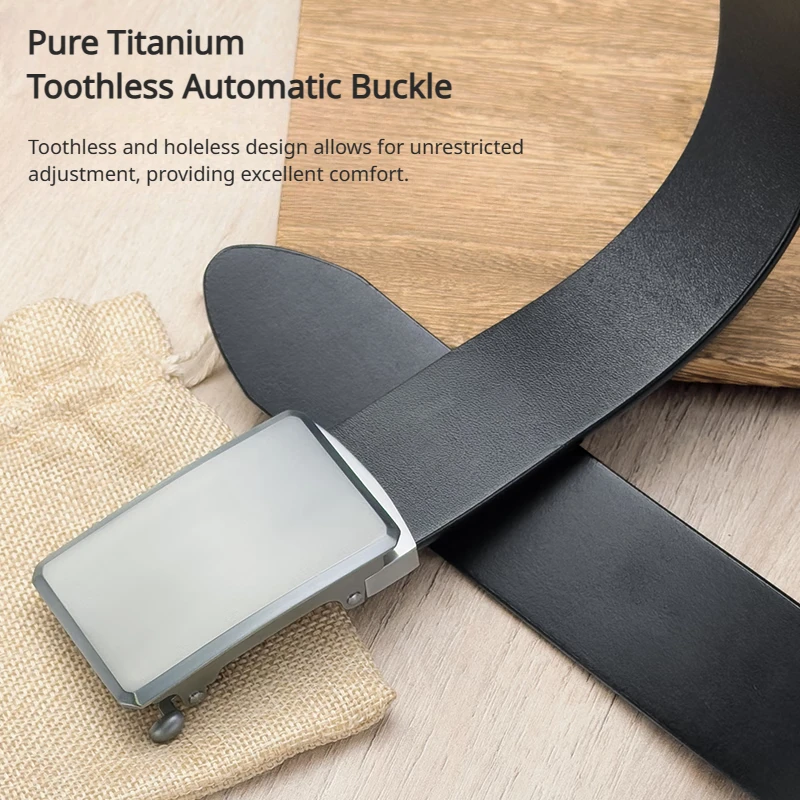 Toothless Automatic Buckle Belt Titanium Buckle Plain Surface Hollow Design Business Genuine Leather Blet Holeless 105-135CM