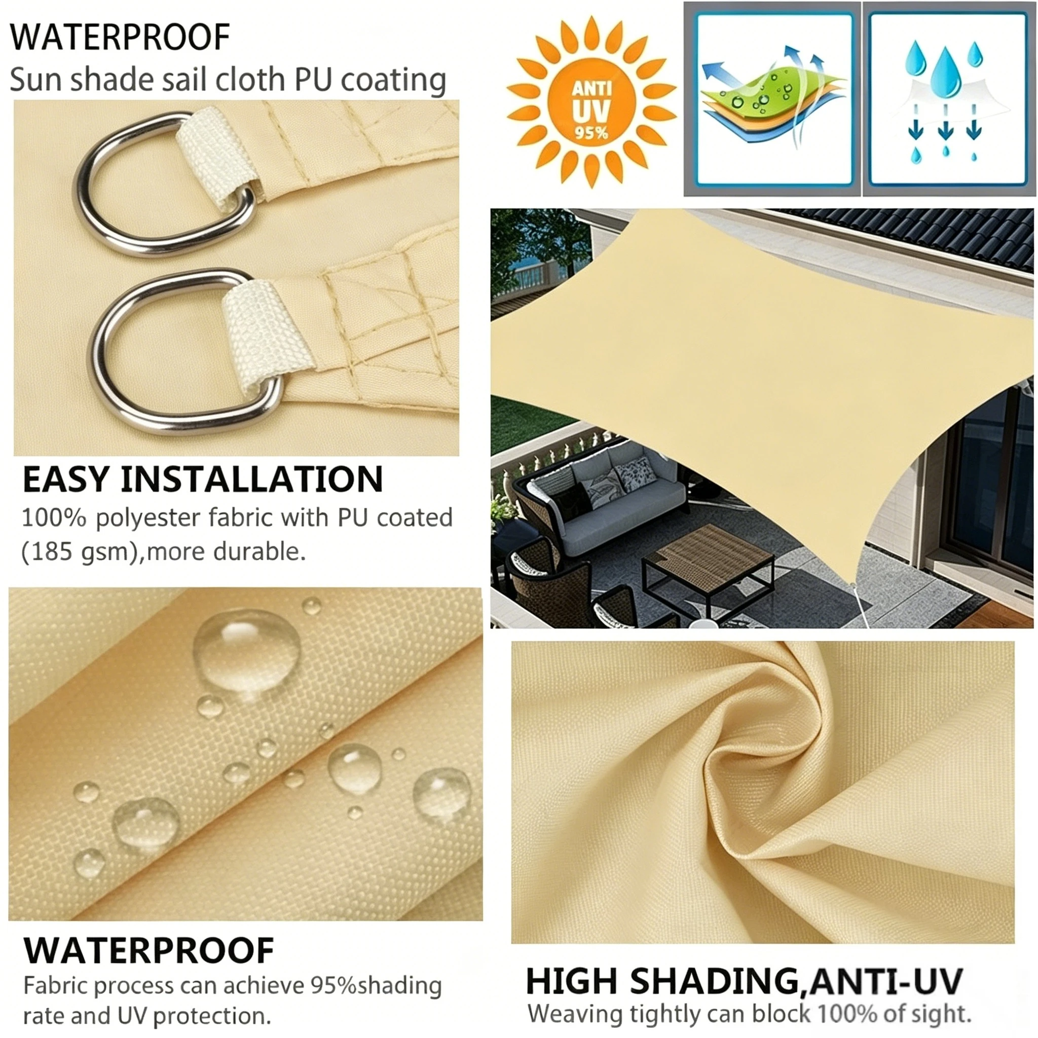 Waterproof Sun Shade Sail Rectangle Sunscreen Awning Canopy Shade Cloth 95% UV Block with Free Rope or Outdoor Garden Patio Yard