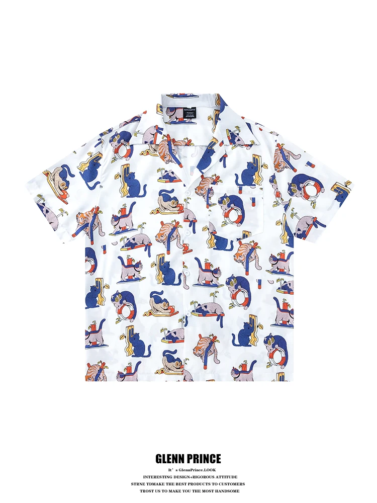 

GPstudio Japanese Retro Fun Print Short Sleeve Men's Summer Lazy Style Ice Silk Cool Feeling Shirt Breathable Loose Fit P...