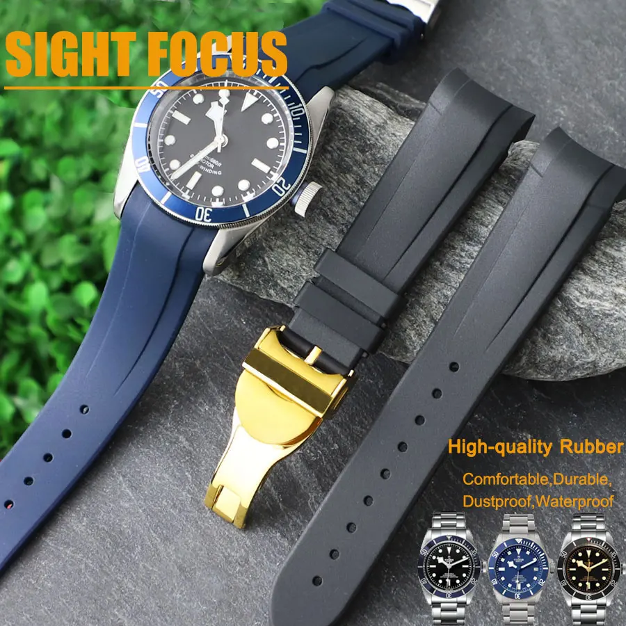 22mm Curved End Rubber Watch Strap for Tudor Black Bay Band ,Pelagos Watchband Black Bay GMT/Chrono Bracelet Heritage Chrono