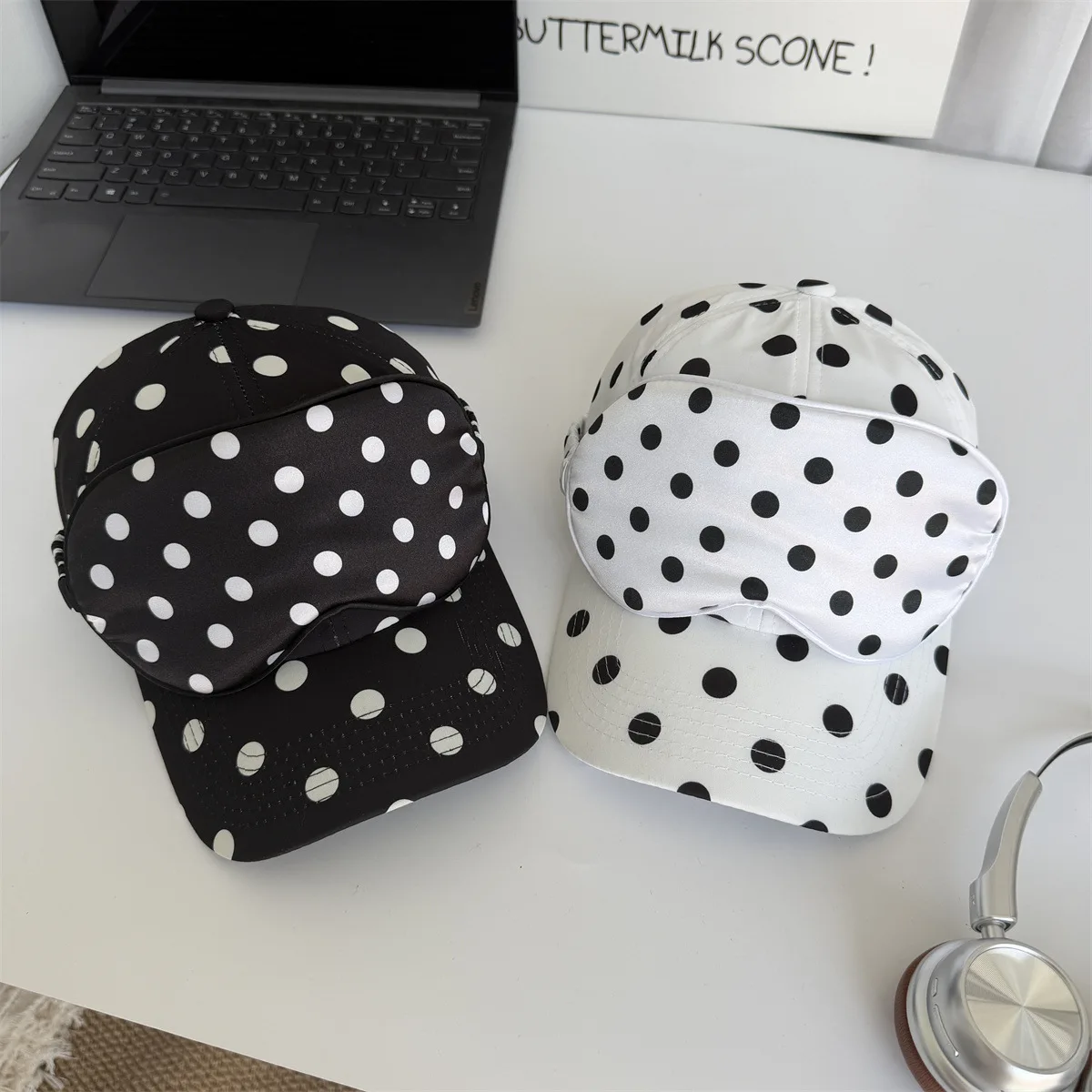 Polka Dot Baseball Cap & Eye Mask 2Pcs Set for Women, Simple Dot Print Casual Outdoor Hat Sleep Eye Cover Travel Accessory Kit