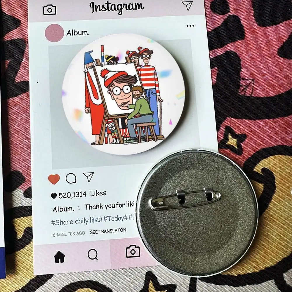 Game Wheres W-WallyS Waldo Badges 25 32 44 58 75 mm Round Fans Collect Friends Gifts Brooch Souvenir