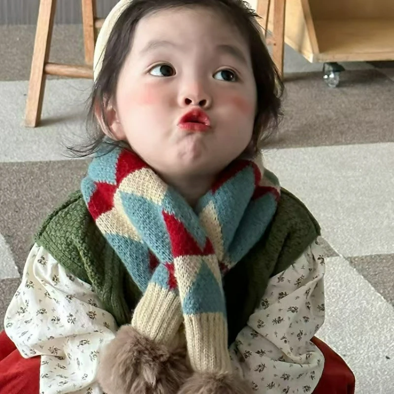 Korean-style Plaid Pom-pom Cross Scarf, Soft Knit Winter Neck Warmer, Versatile, Flattering, Soft and Skin-friendly