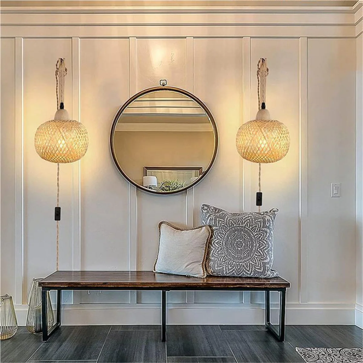 Retro Japanese Bamboo Bedside Wall Lamp, US Plug B