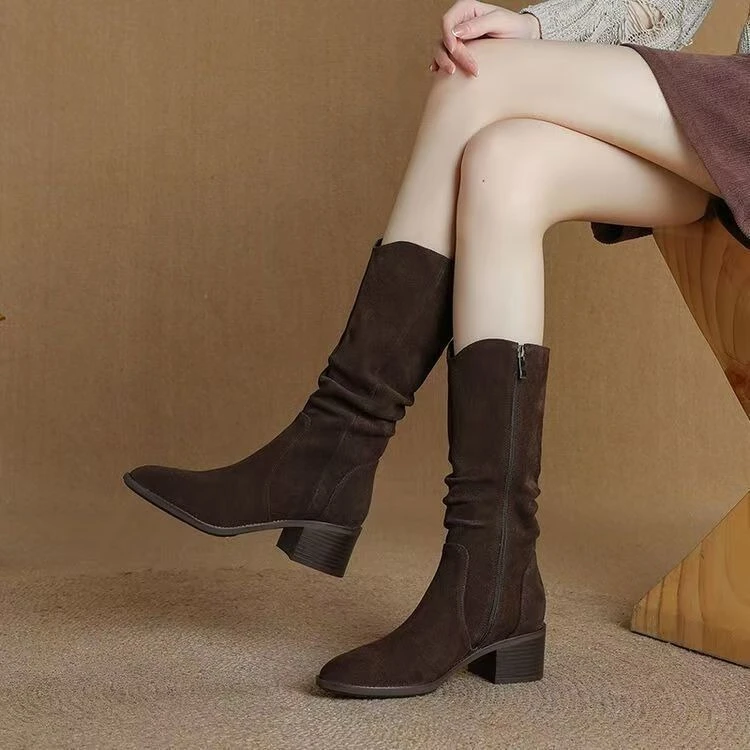 Early Autumn Chunky Heel Slouch Boots Women 5cm Retro Maillard Mid Calf Boot Trendy Elegant Daily Wear Footwear