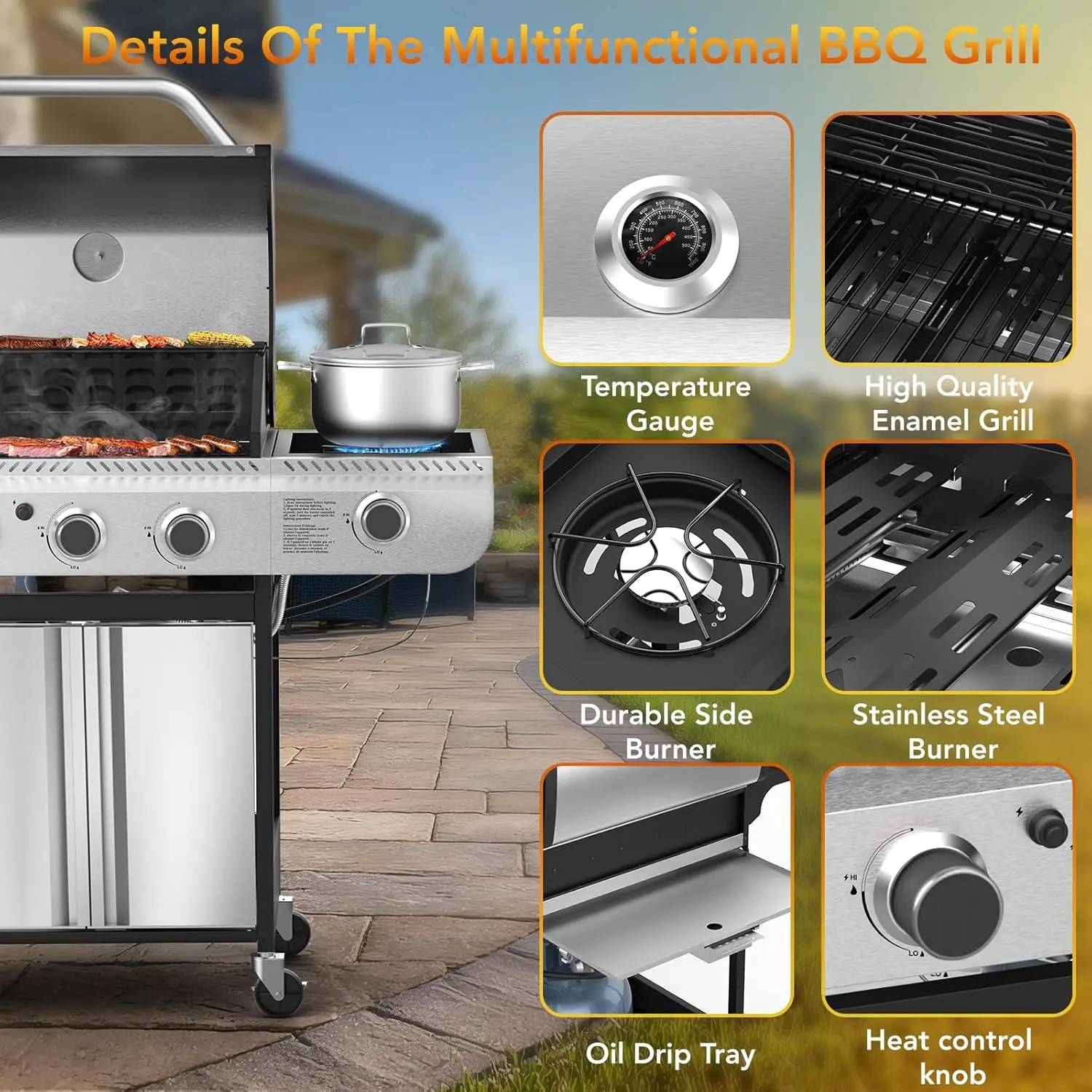 Patio and Camping BBQ with Stainless Steel Body, Porcelain-Enameled Cast Iron Grates, 37000 BTU