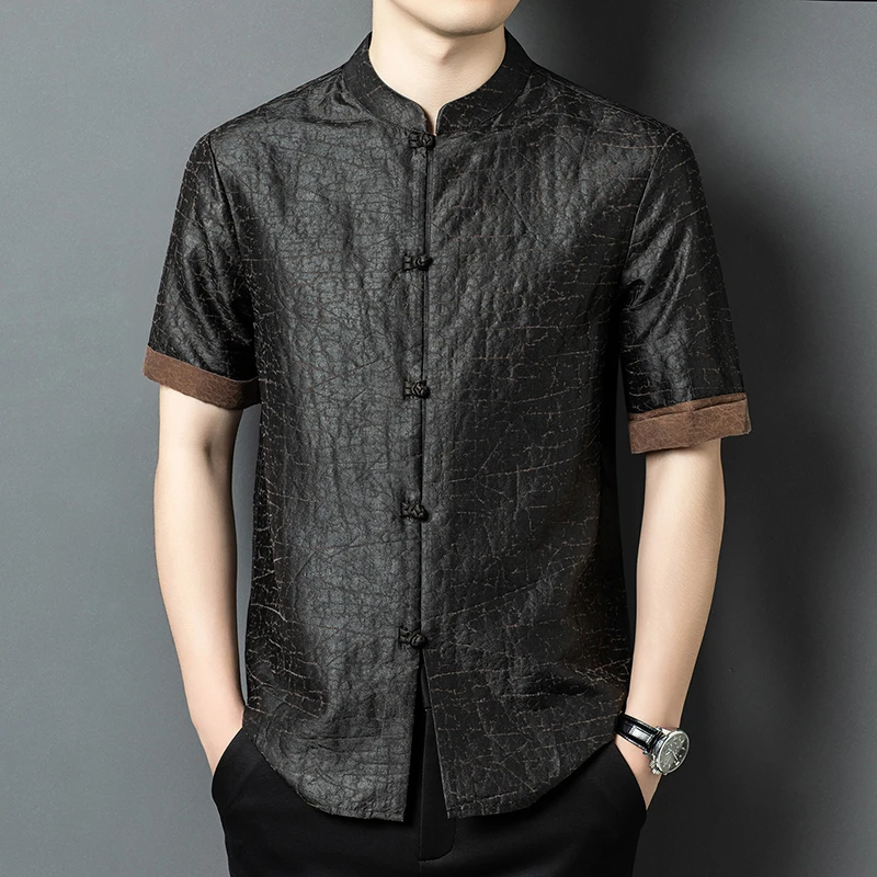 Real Silk 100% Frog Button Shirts For Men Short Sleeve Loose Fit Summer Quality Lightweight Tang Costume Satin Camisas De Hombre