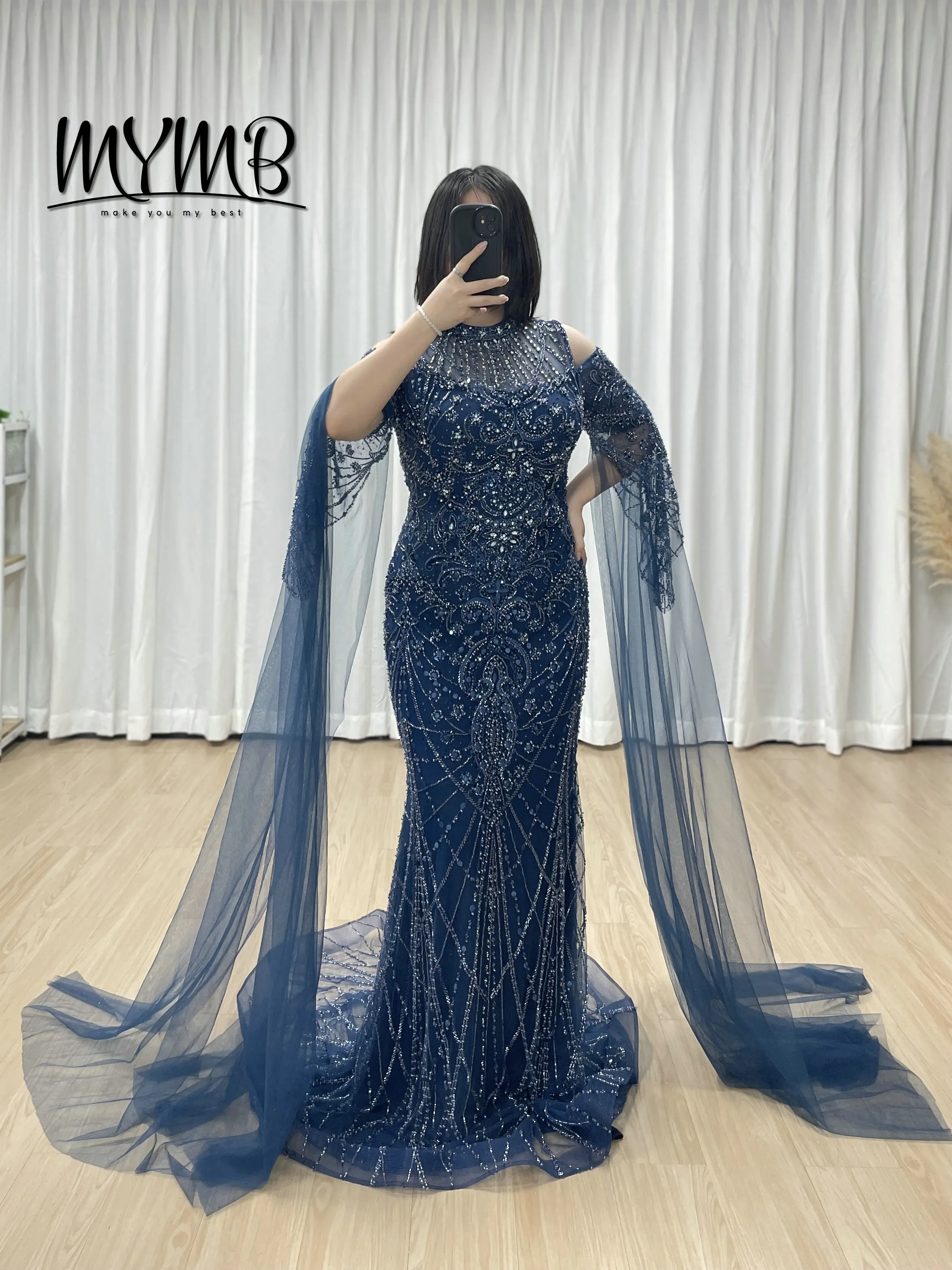 

MYMB Formal Blue Long Sleeve High Neck Mermaid Wedding Party Dresses Elegant Beaded Evening Dresses Mother of the Bride MY30195