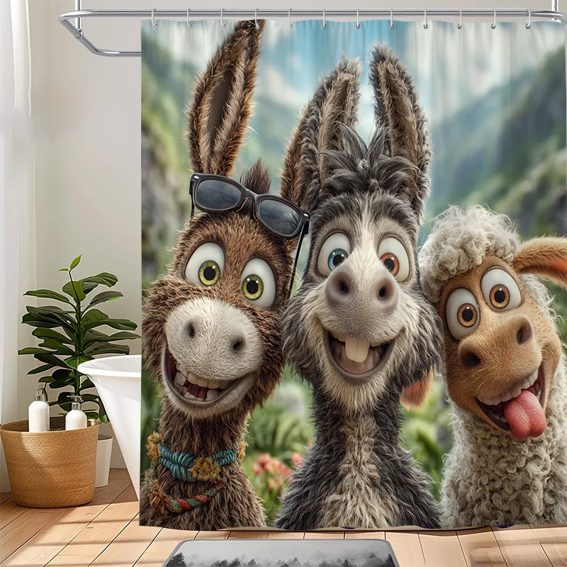 Funny Animal Family Shower Curtain Cute Hippo Donkey and Alpaca Bathroom Decor Novelty Shower Curtain