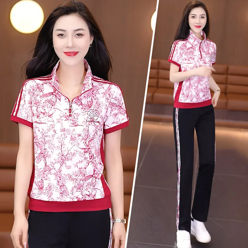 

Модный спортивный костюм ко Дню матери: женский комплект с коротким рукавом, воротником-стойкой, летняя новинка, универсальный комплект с длинными брюками