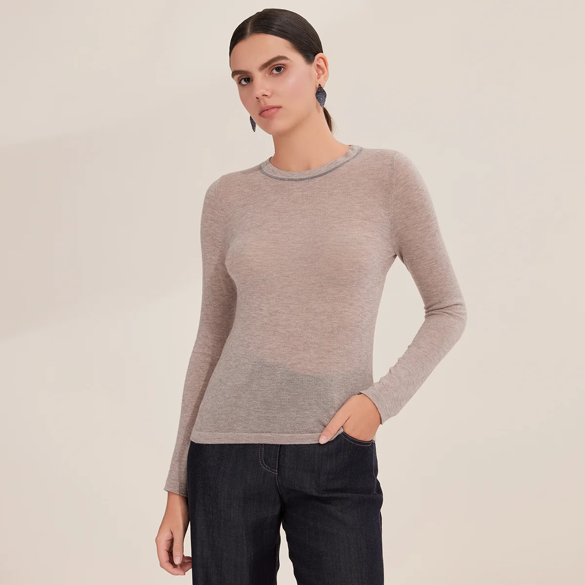 

Pop BD3521250 женский свитер с круглым вырезом и длинными рукавами, изысканный вязаный пуловер из мериносовой шерсти, осенняя мода для женщин