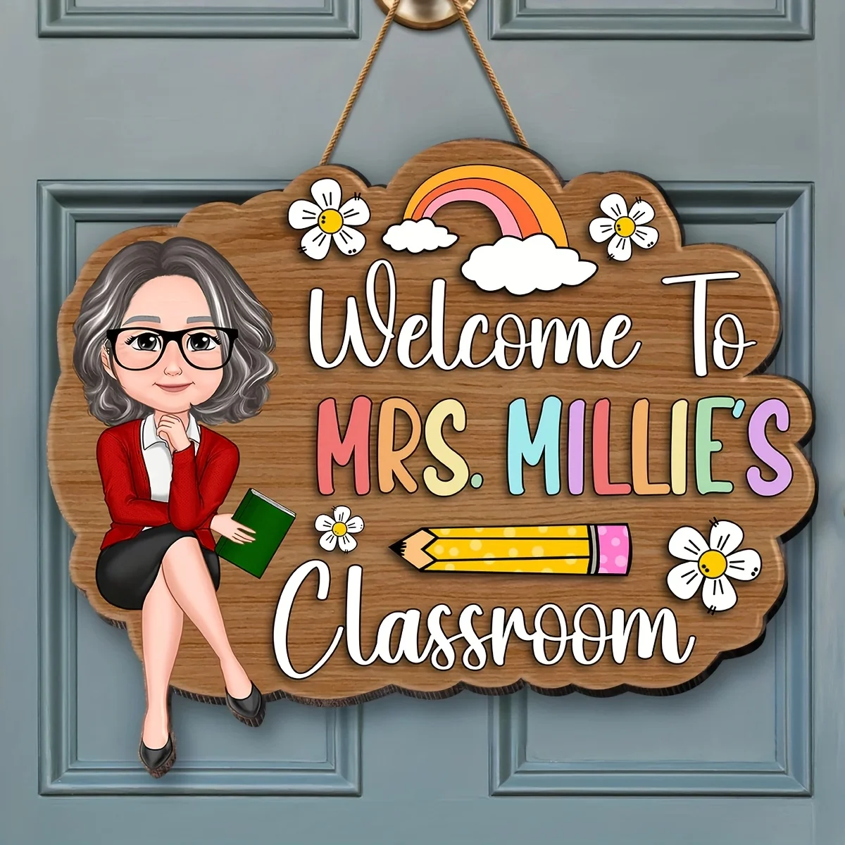 Panneau de porte personnalisé pour professeur, plaque en bois personnalisée avec dessin animé pour professeur, décoration arc-en-ciel et fleurs pour la salle de classe