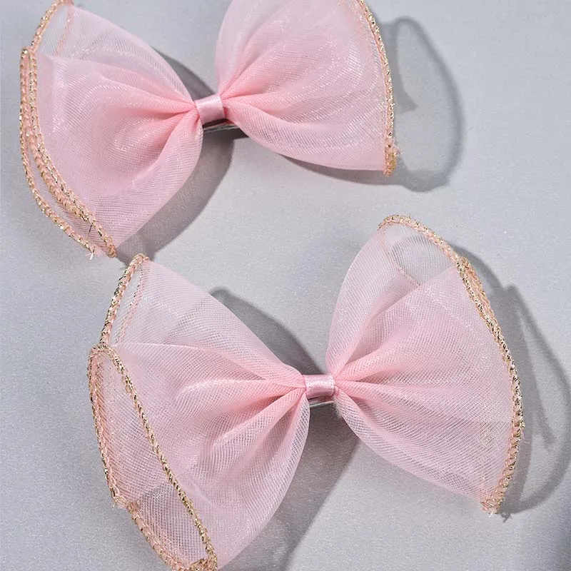 ncmama 2Pcs Sweet Girls Chiffon Hair Bow Clips Fashion Korea Hair Accessories Kids Bowknote Headwear Glitter Barrettes Hairgrips