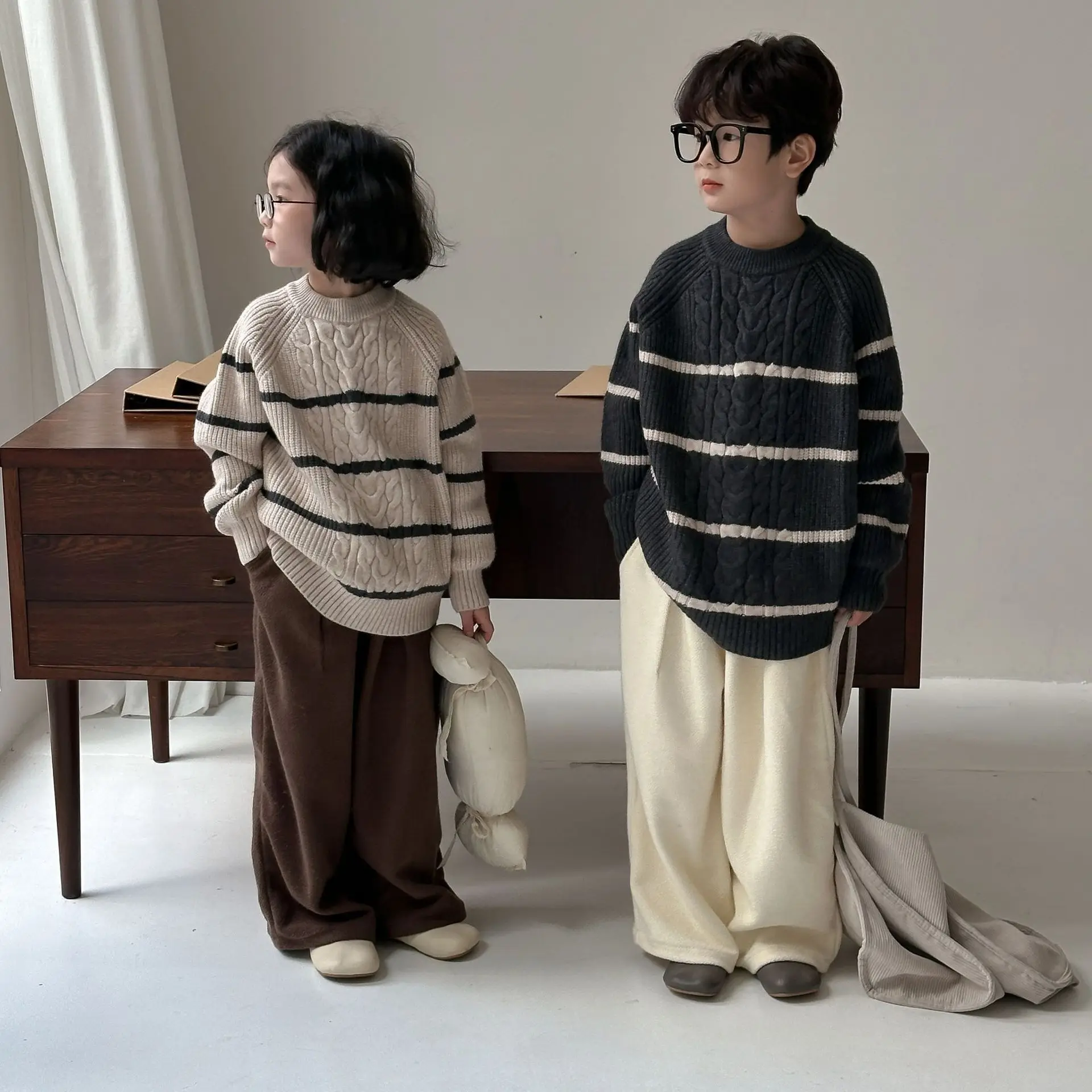 Autumn Winter Children Girl 2PCS Clothes Set Cotton Striped Long Sleeve Knitwear Sweater Suit Solid Thicken Wide Leg Pant Outfit