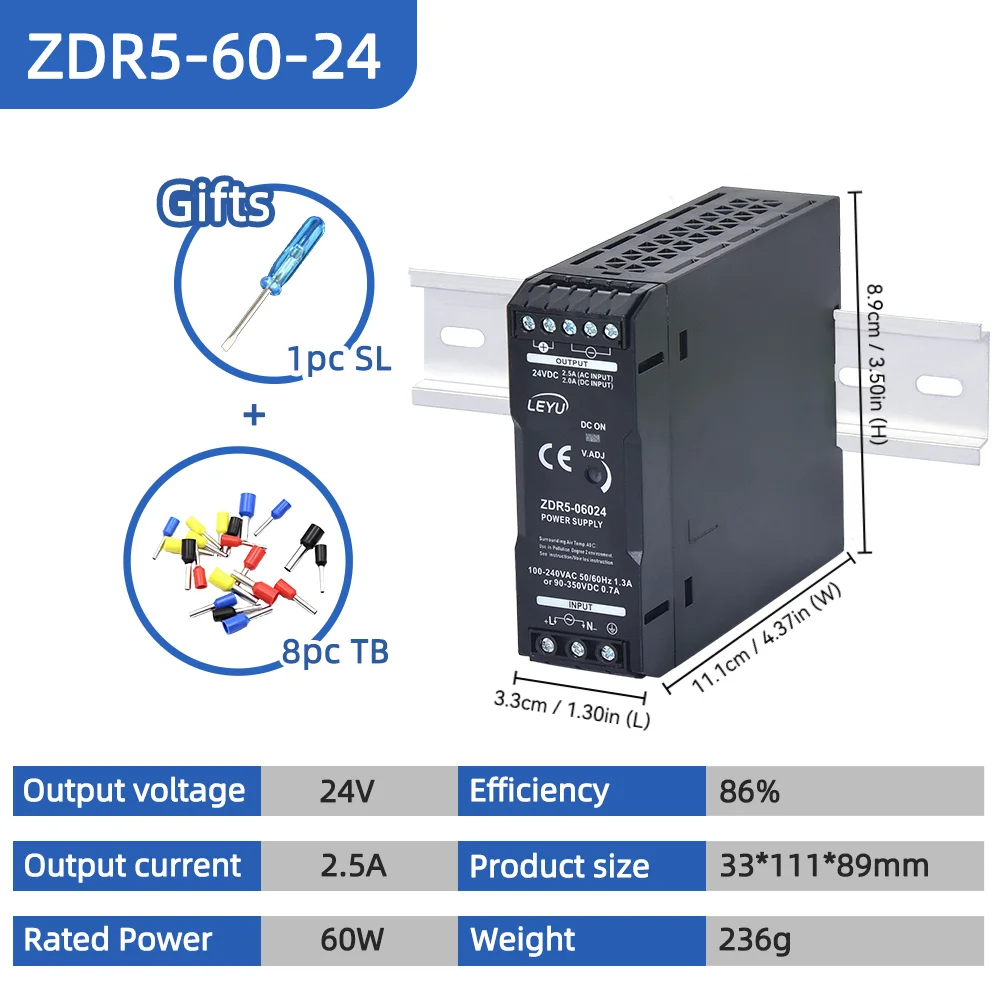 

Industrial 24V DIN Rail Power Supply 60W | High Efficiency AC/DC Converter 100-240V to DC 24V | for PLC, LED, Automation