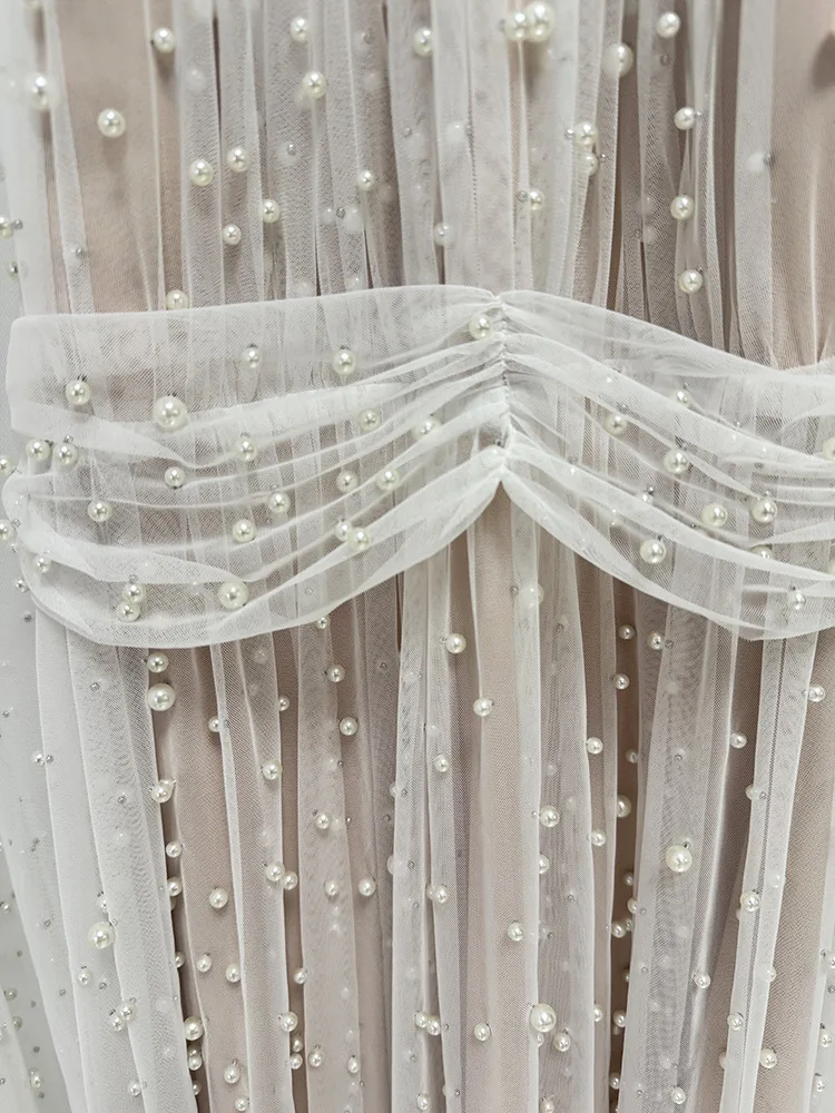 European and American temperament heavy industry mesh pearl nail pearl long dress evening dress