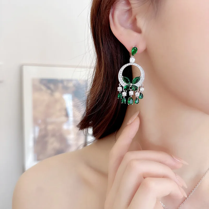 Luxury Cubic Zirconia Sterling Silver Pin Green Butterfly Tassel Dangle Earrings for Women Wedding Engagement Party Jewelry