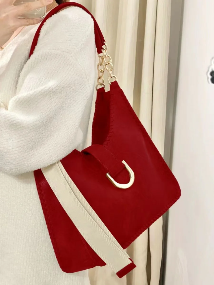 Vintage Red Large Capacity Tote Bag Elegant Women\'s Exquisite Lock Buckle PU Underarm Bags Simple Versatile Ladies Handbag Trend