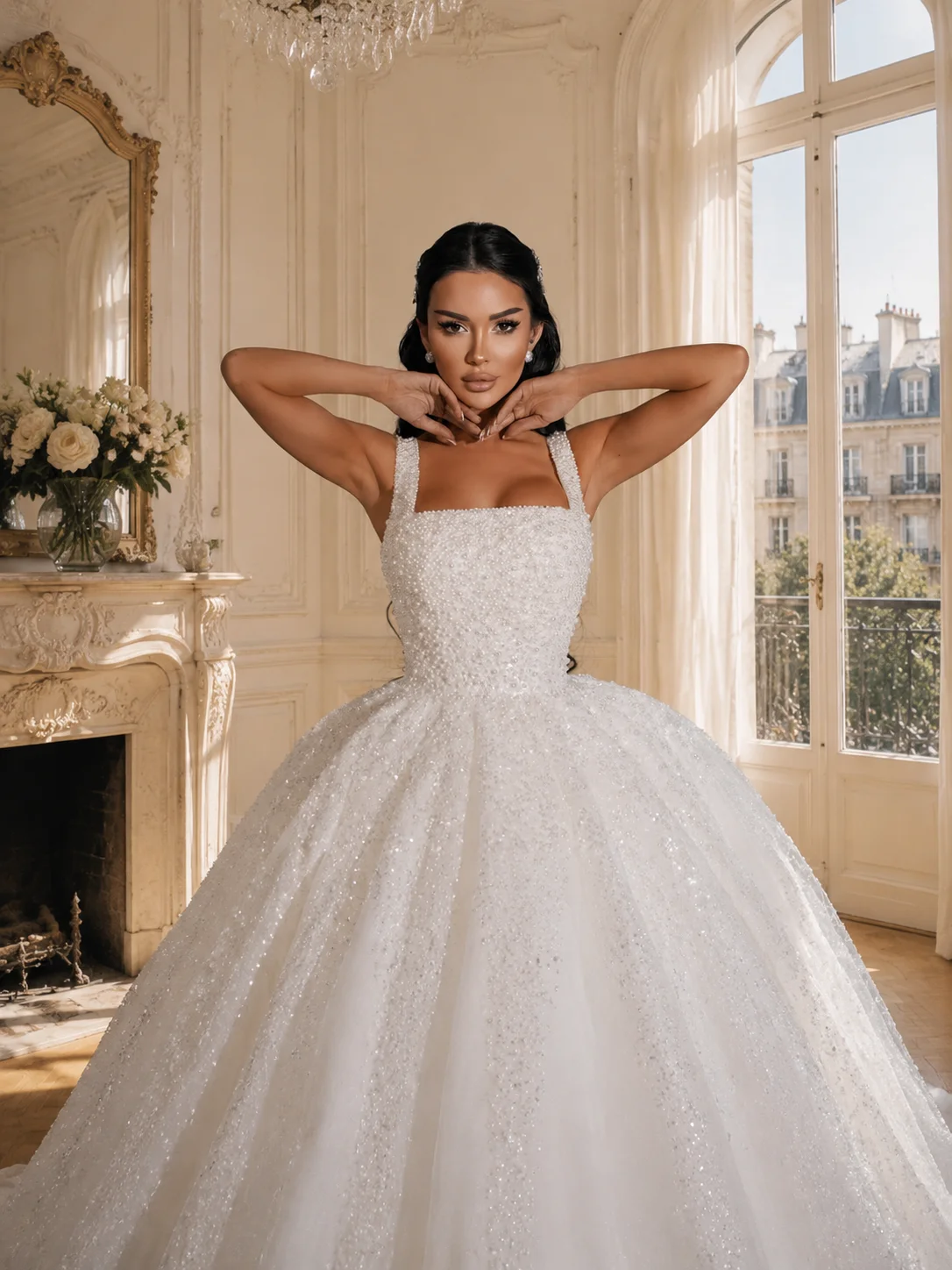 Luxury Pearl Beaded Ball Gown Wedding Dress for Bride Square Neck Sparkly Tulle Princess Bridal Gown CustomMade Vestido De Novia