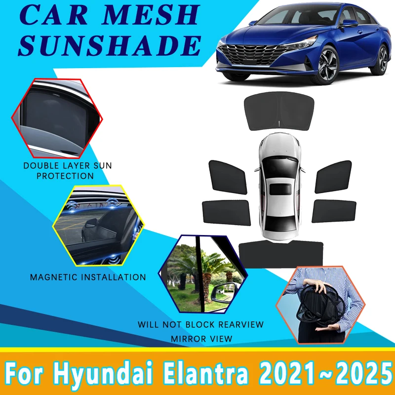 

Автомобильные сетчатые солнцезащитные козырьки для Hyundai Elantra CN7 i30 Sedan 2021 ~ 2025, магнитный солнцезащитный козырек на лобовое стекло, боковое окно, козырек, инструменты, аксессуары