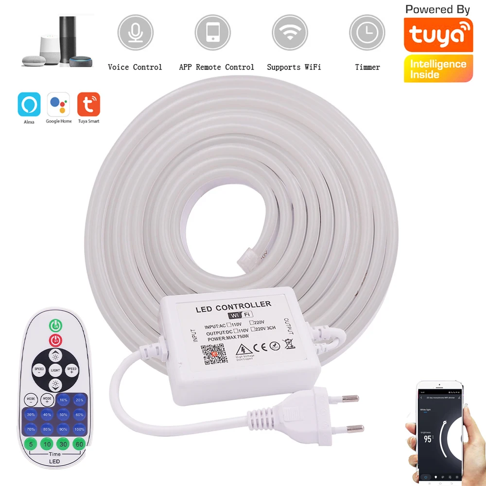 220V LED Neon Strip Light Wifi APP Remote Control Dimmable Rope Lights Dimmer Kit Flex Led Ribbon 2835 120LED Home Decor 7 Color