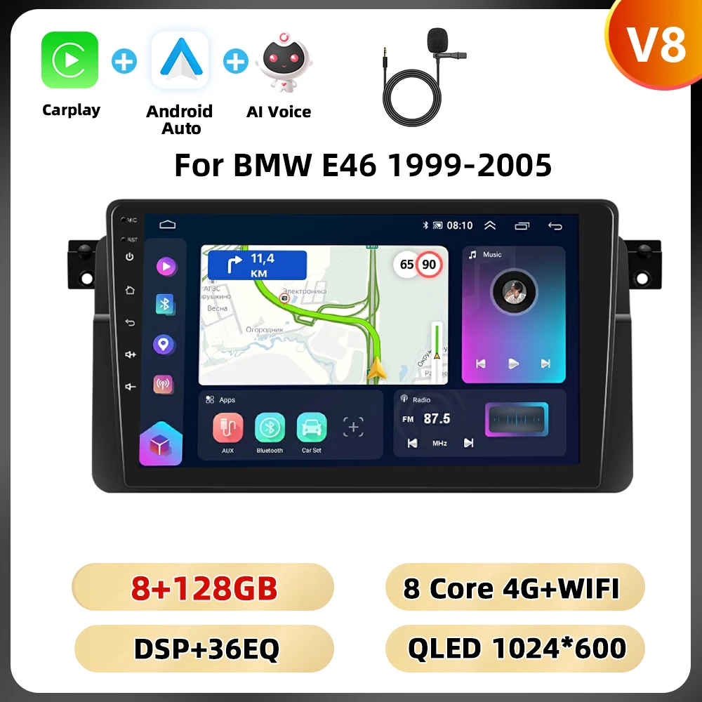 Podofo Carplay Android Auto Radio Voor Bmw E46 1999-2005 Multimedia Speler 8 128G 4G Wifi Ai Voice Spiegel Link Rds Autoradio