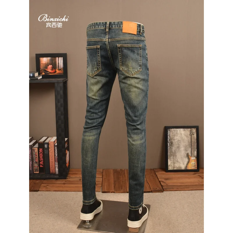 

Осенние винтажные рваные джинсы мужские 2025 новые высококачественные эластичные маленькие трендовые классические уличные мужские брюки