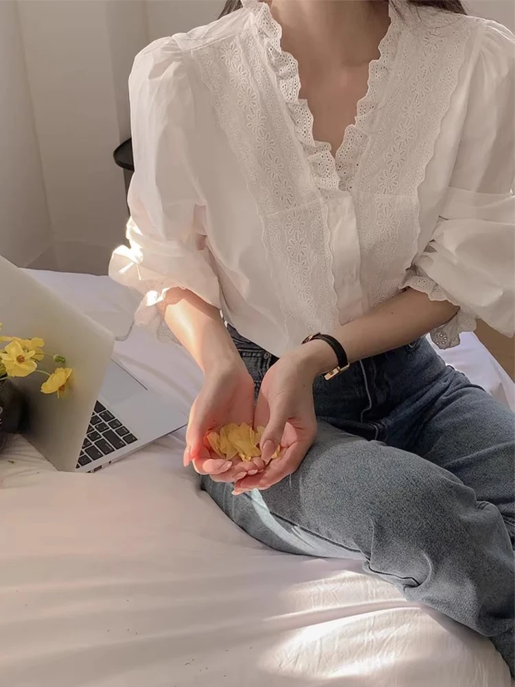 Csa con adorno de encaje dulce para mujer, nuevo estilo de primavera, manga de burbuja, Top de Color puro, corte hoado, ...