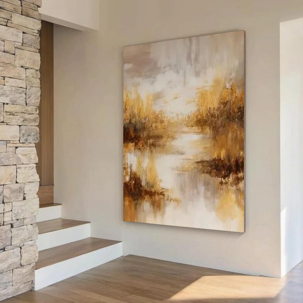 Abstract Mountain Landscape Oil Painting on Canvas - Golden Sunlit Big Wall Art Decor for Living Room And Home Porch