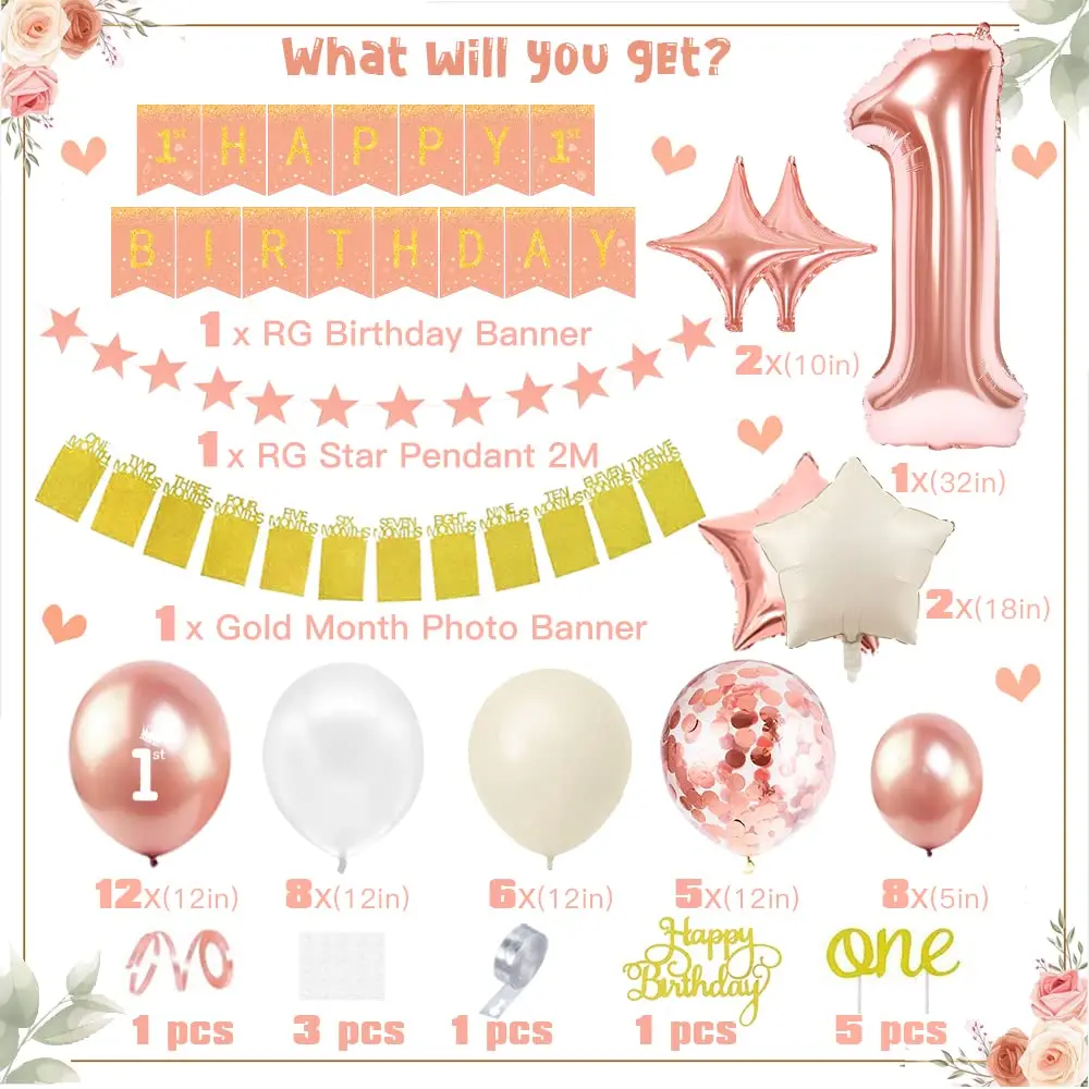 Kit de décorations de fête d\'anniversaire pour filles, ballon rose doré, bannière joyeux anniversaire, photo mensuelle, confettis