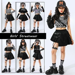 Girls Hip Hop Plaid Crop Top Strap Skirt Child Streetwear Cool Goth Clothes Sets Street Dance T-shirt Kids Summer Jazz Costumes