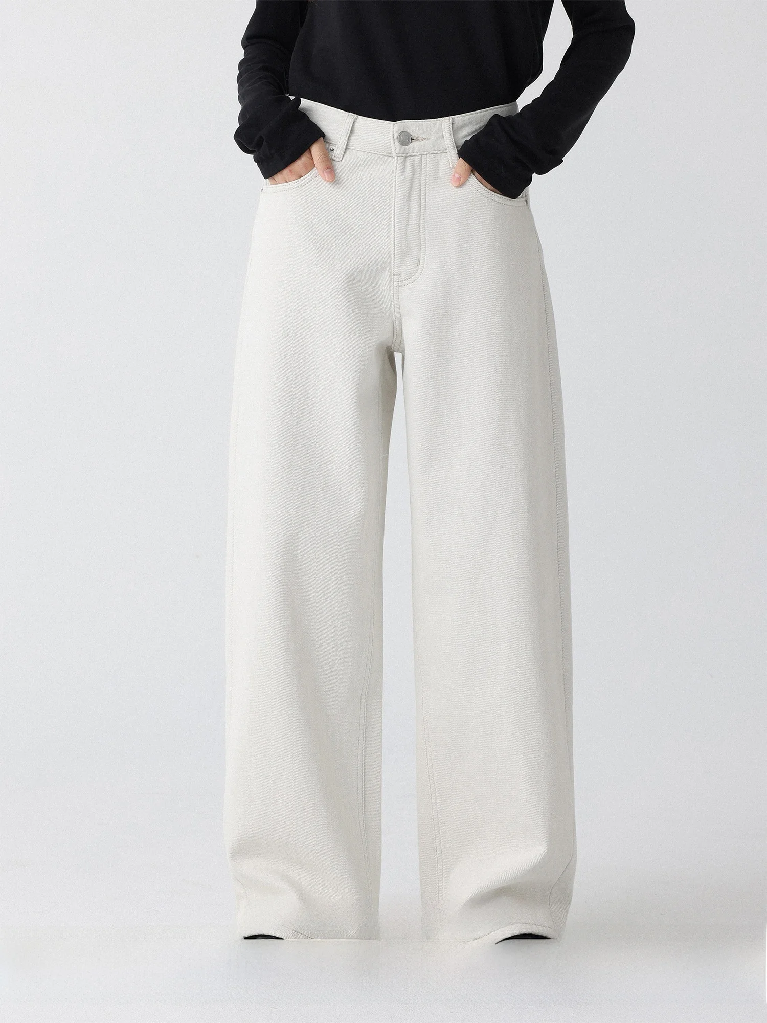 LowCalorie High Waist Straight Leg Fleece Lined White Casual Jeans Micro Arc Tailoring Ladies Premium Quality Winter Denim