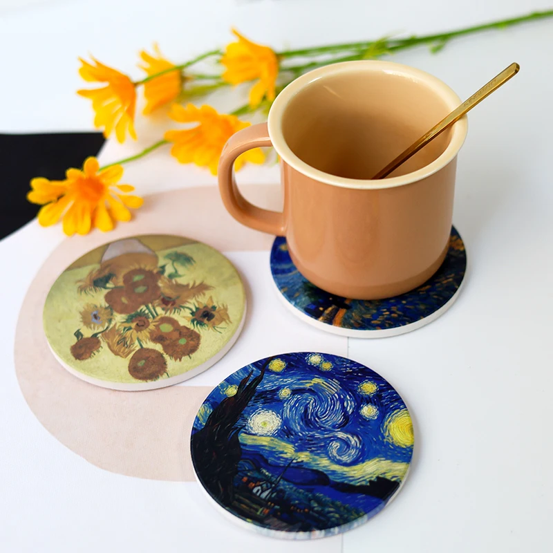 Ceramic Coaster Van Gogh Starry Sky Cork Material Non-slip and High Temperature Cup Mats Round Pad Kitchen Items Accessories