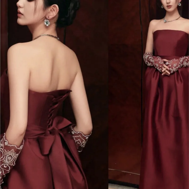 

Wine red elegant temperament toasting gown dress