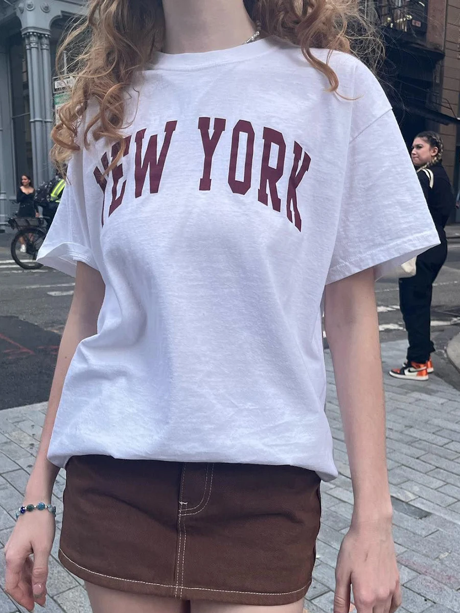 

New York Letter Print Loose Tees O-Neck Cotton Short Sleeve T-shirt Female Summer American Vintage Streetwear Oversized t-shirt